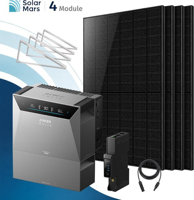 SolarMars Anker SOLIX Balkonkraftwerk 2000W mit Anker SOLIX Solarbank 4 E5000 Pro, 1x BP2700 Erweiterungsakku, 4x 500W Solarmodulen und Flachdachhalterung in Grau - Bild 1
