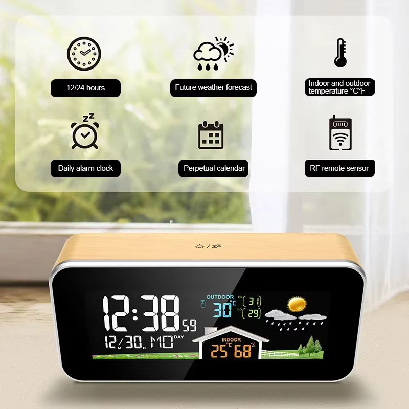 ANENG Kabellose Wetterstation mit Holz-Wecker, Digitales Thermometer und Luftfeuchtigkeitsmesser in Braun - Bild 2