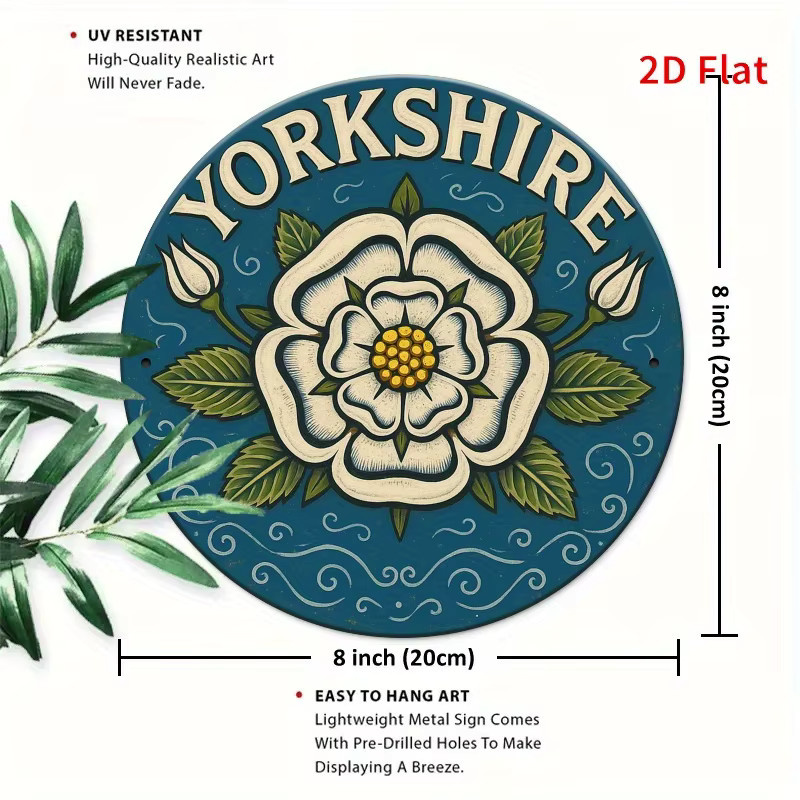 Potdemiel Metallschild Yorkshir White Rose Vintage mit blauem und weißem Blumenmuster, rund, Durchmesser: 19,81 cm - Bild 2