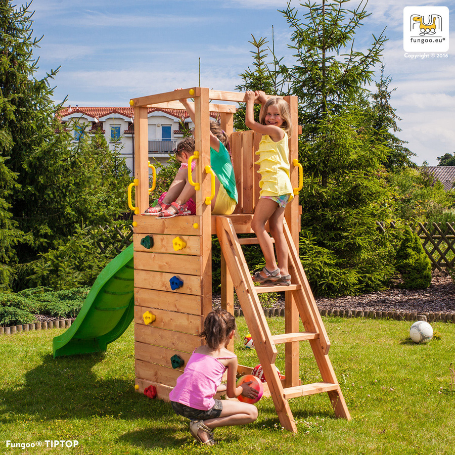 Fungoo Spielturm TIPTOP Klettergerüst mit Rutsche, Leiter und Kletterwand in Teak - Bild 2