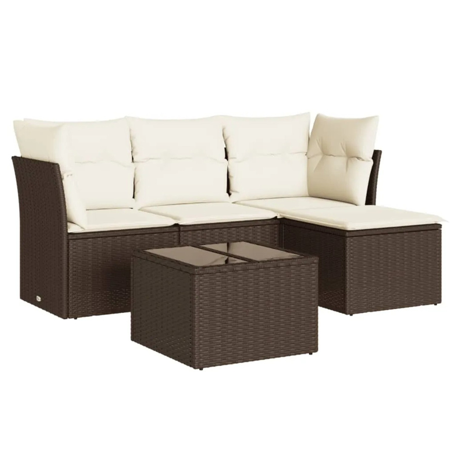 vidaXL 5-tlg Garten-Sofagarnitur in L-Form aus braunem Poly-Rattan mit cremeweißen Kissen - Bild 2