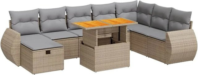 vidaXL 9-teilige Garten-Sofagarnitur aus Polyrattan und Akazie in Beige mit Kissen und Couchtisch - Bild 1