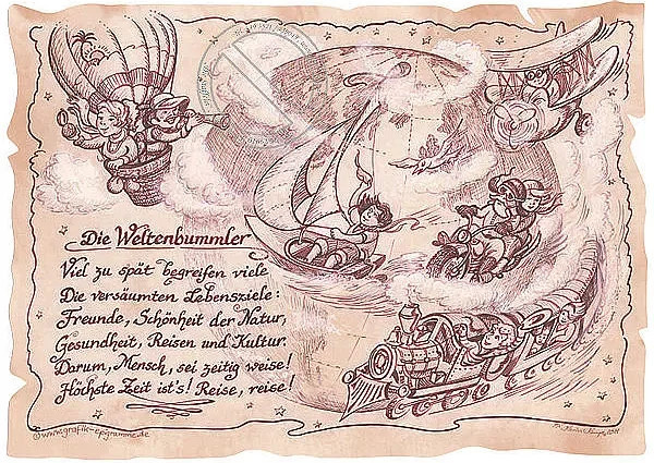 Kunstbild Weltenbummler von Tantum Graphic auf Antikpapier im A4-Format, Mehrfarbig - Bild 1