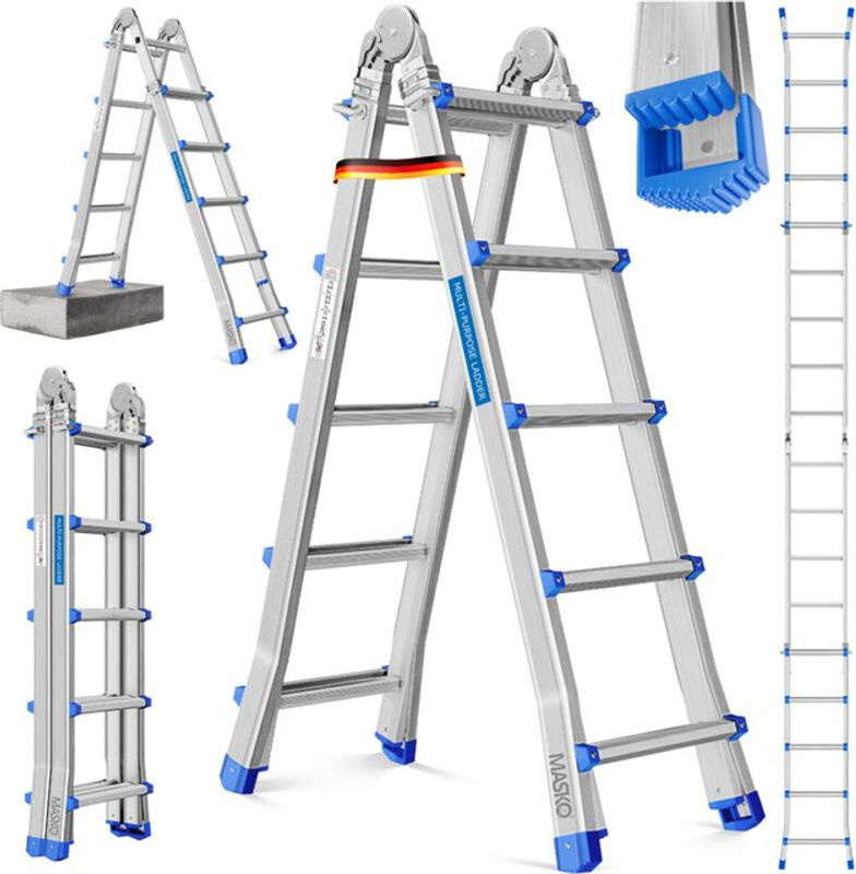 MASKO 6in1 Mehrzweckleiter aus Aluminium in Silber mit 20 Sprossen, ausziehbar und rutschfest, Belastbarkeit 150 kg, Höhe: 520 cm - Bild 2