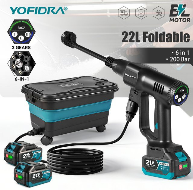 YOFIDRA Kabelloser Hochdruckreiniger 200Bar mit 6-in-1 Autowaschpistole in Schwarz für Makita 21V Akku - Bild 1