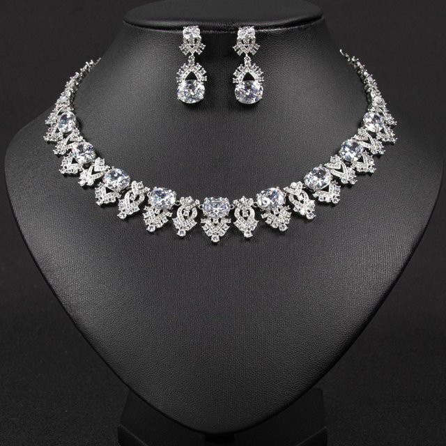 YIRAN Schmuck-Set, Halskette, Ohrringe, Kupfer, Zirkonia, Damen, Silber - Bild 1