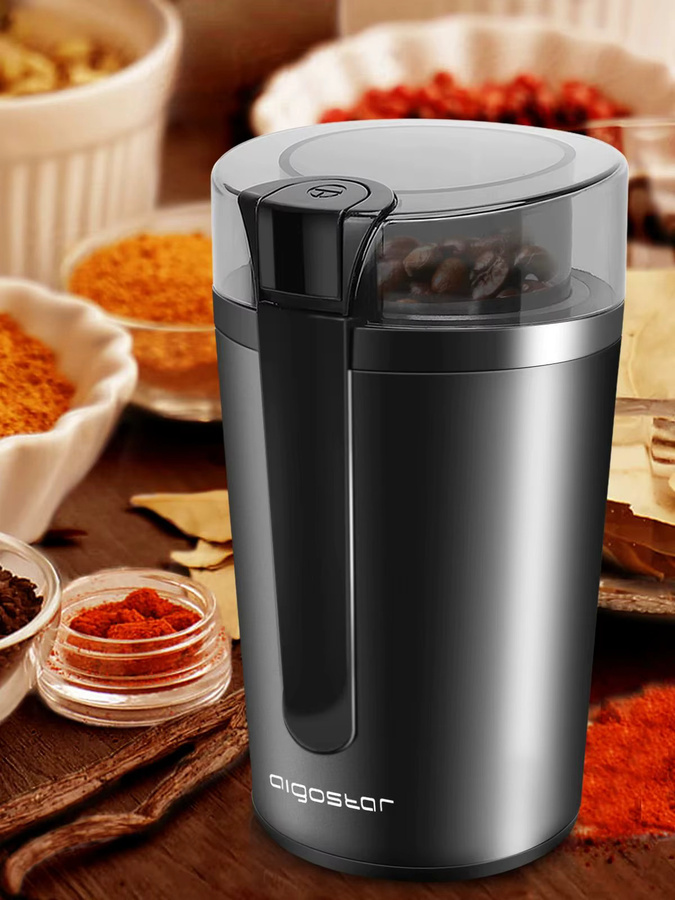 Aigostar Elektrische Kaffeemühle mit 200W in Schwarz, Multifunktionale Gewürzmühle mit einstellbarem Mahlgrad und 60g Fassungsvermögen für Kaffeebohnen, Nüsse, Gewürze und Getreide, BPA-frei - Bild 4
