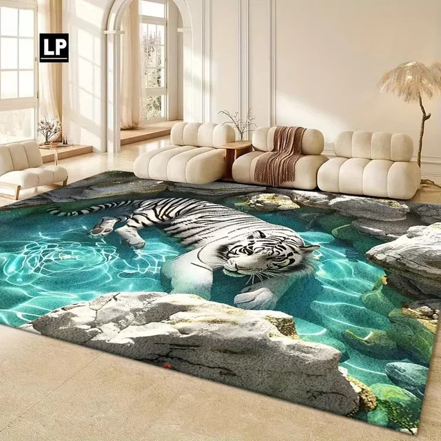 3D-Tigerteppich mit optischer Täuschung in Weiß für Badezimmer, Schlafzimmer und Wohnzimmer - Bild 1
