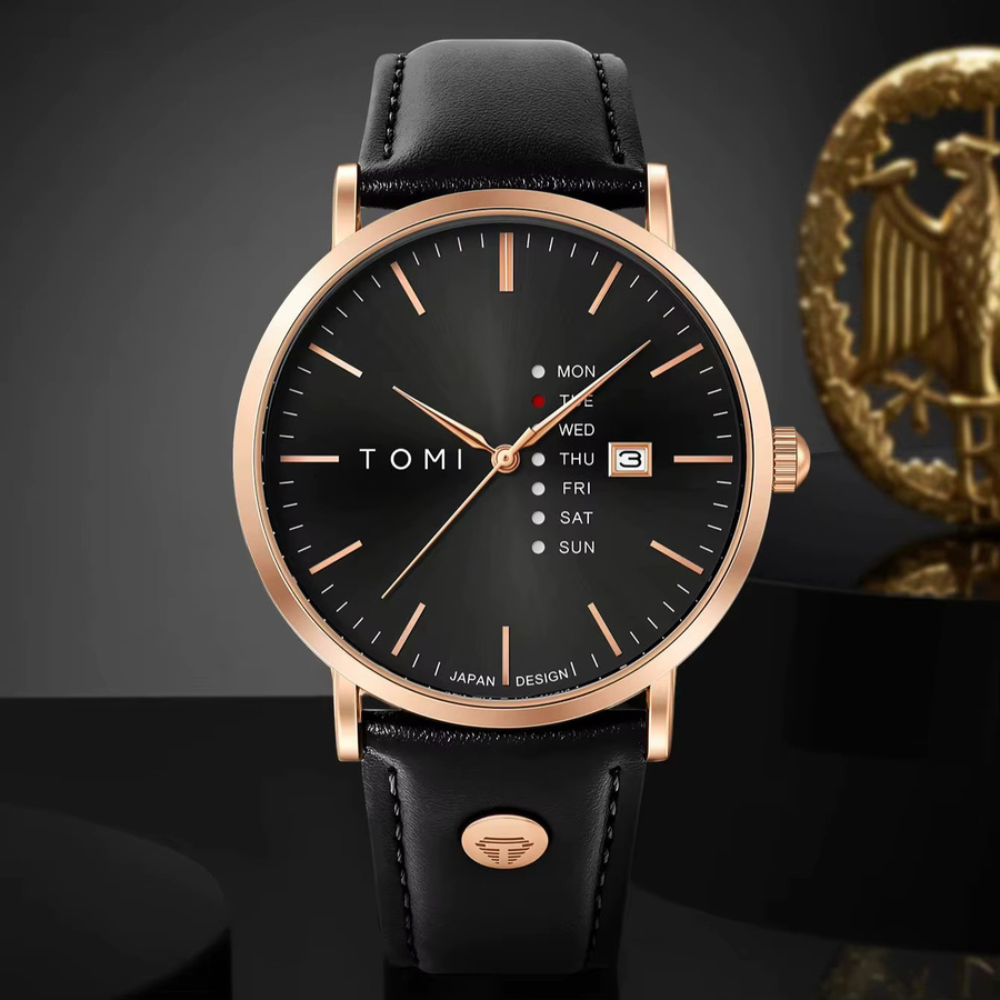 TOMI Armbanduhr, Quarz, Lederarmband, Wochentag, Schwarz, Herren - Bild 2