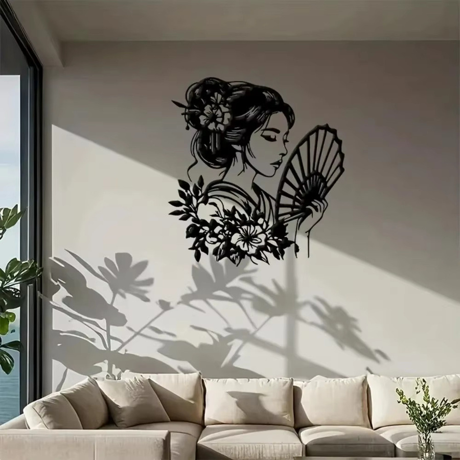 CIFBUY Aluminium-Geisha Wandkunst Metallskulptur in Schwarz mit elegantem Fächerdesign für moderne Heimdekoration - Bild 3