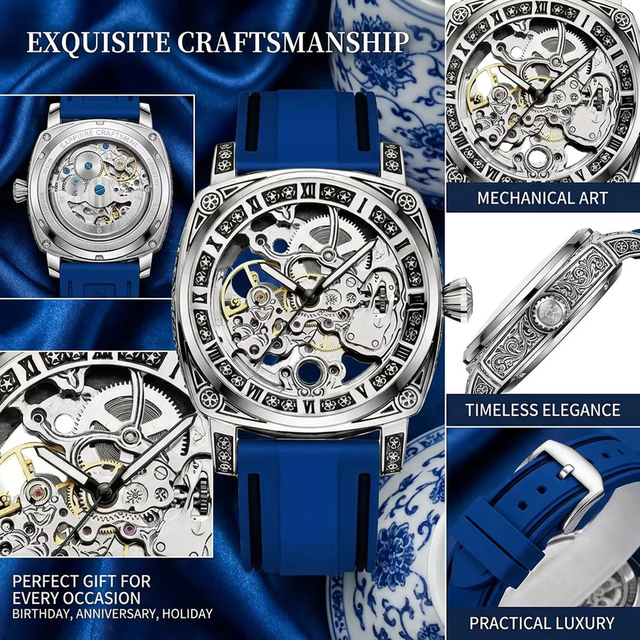 CAROTIF Armbanduhr, Skelett-Design, mechanisch, Edelstahl, Leder, Herren - Bild 2