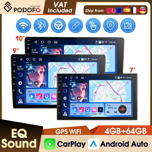 Podofo Android Autoradio mit 10 Zoll IPS-Bildschirm, 4+64GB Speicher, WLAN, GPS, Bluetooth, kabelloses CarPlay und Android Auto in Schwarz - Bild 1
