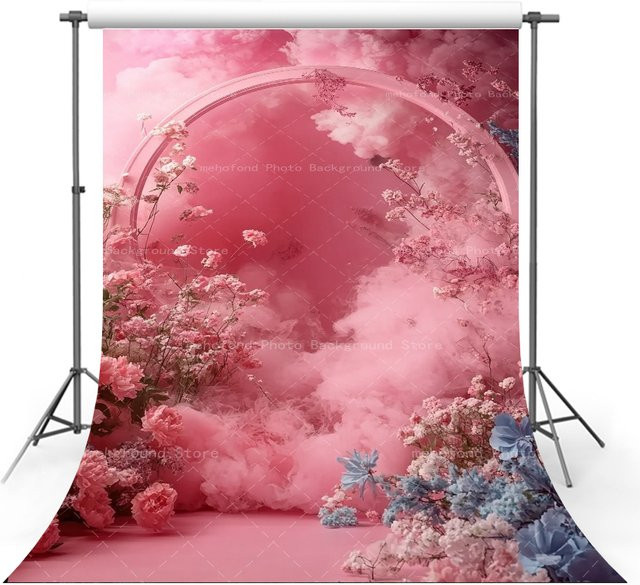 Mehofond Fotohintergrund mit rosa Wolken und floralem Design in Pink für Babyparty oder Geburtstag - Bild 1