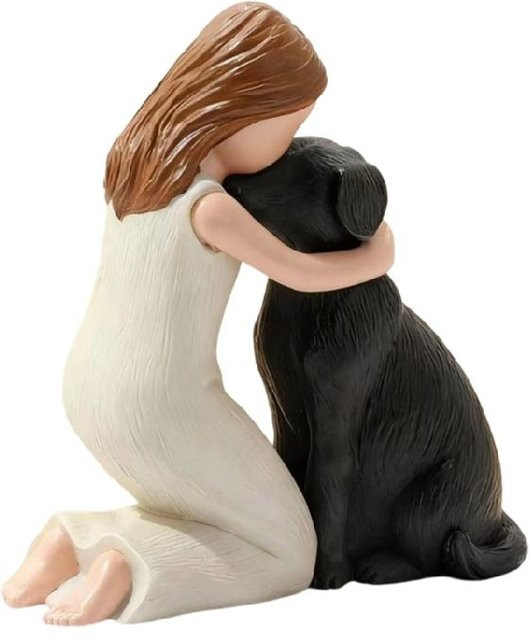 Detaillierte Miniaturskulptur Mädchen und Hund aus Harz in Schwarz als Wohnaccessoire für Hundeliebhaber - Bild 1
