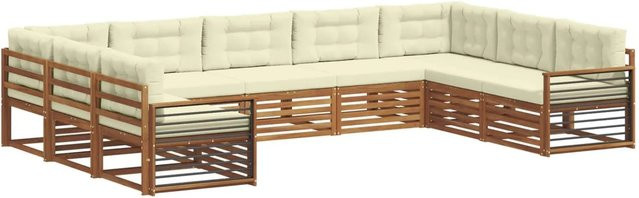 vidaXL Sofagarnitur 9-teilig aus Massivholz Akazie in Natur und Beige mit U-Form und abnehmbaren Kissen - Bild 1