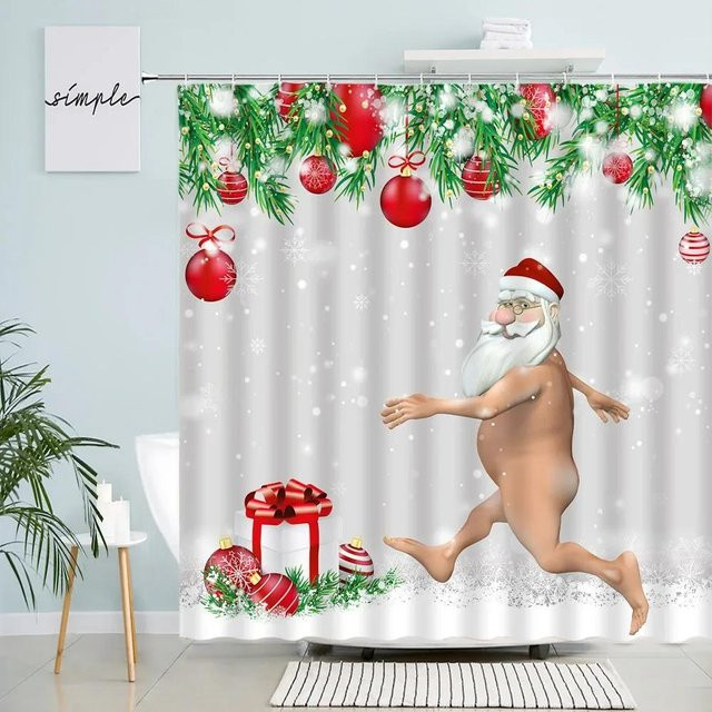 Weihnachts-Duschvorhang mit Weihnachtsmann, Tannenbaum und Vögeln in Beige, B/H: 90 x 180 cm - Bild 1