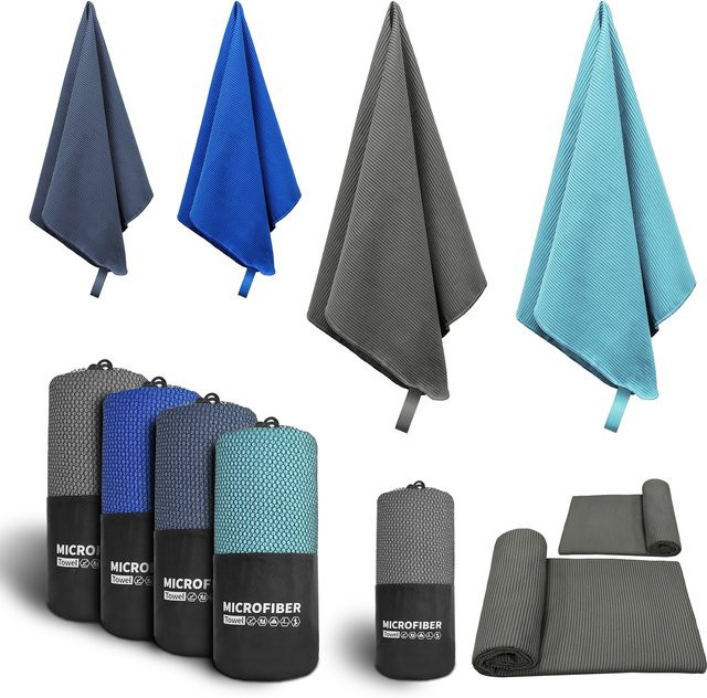 Mutao Mikrofaser-Handtuch in Blau mit Netztasche, schnelltrocknend und saugfähig für Sport, Yoga und Strand, B/H: 80 x 40 cm - Bild 1