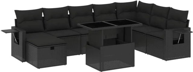 vidaXL 9-teilige Garten-Sofagarnitur in L-Form aus schwarzem Poly-Rattan mit Kissen und pulverbeschichtetem Stahlgestell - Bild 1