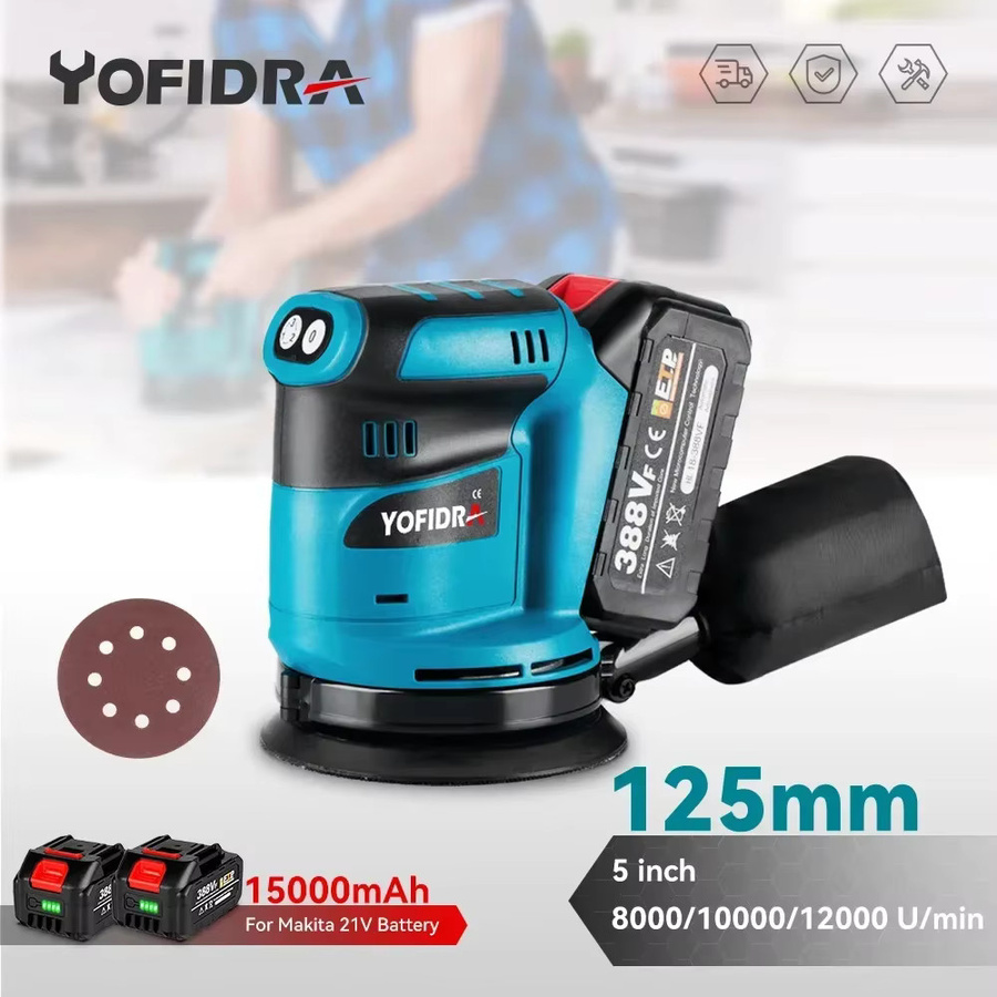 Yofidra 5-Zoll Elektro-Exzenterschleifer in Blau, kabellos und wiederaufladbar, 3-Gang-verstellbar, kompatibel mit Makita LXT Akku-System - Bild 6
