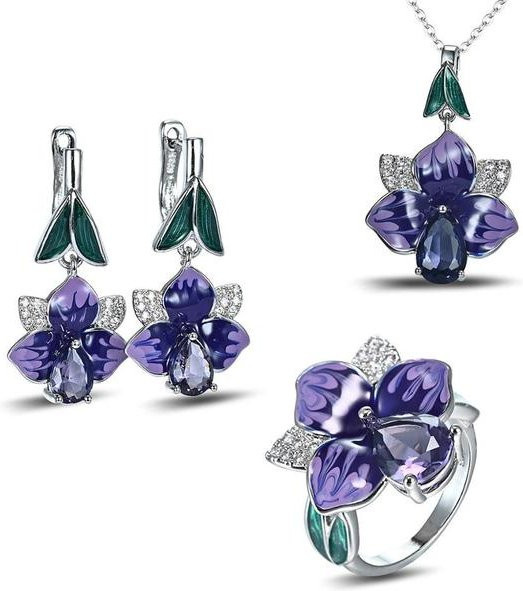 Wucifang Jewelry Schmuck Set, Zirkonia, Lila Blume, Emaille, Damen - Bild 1