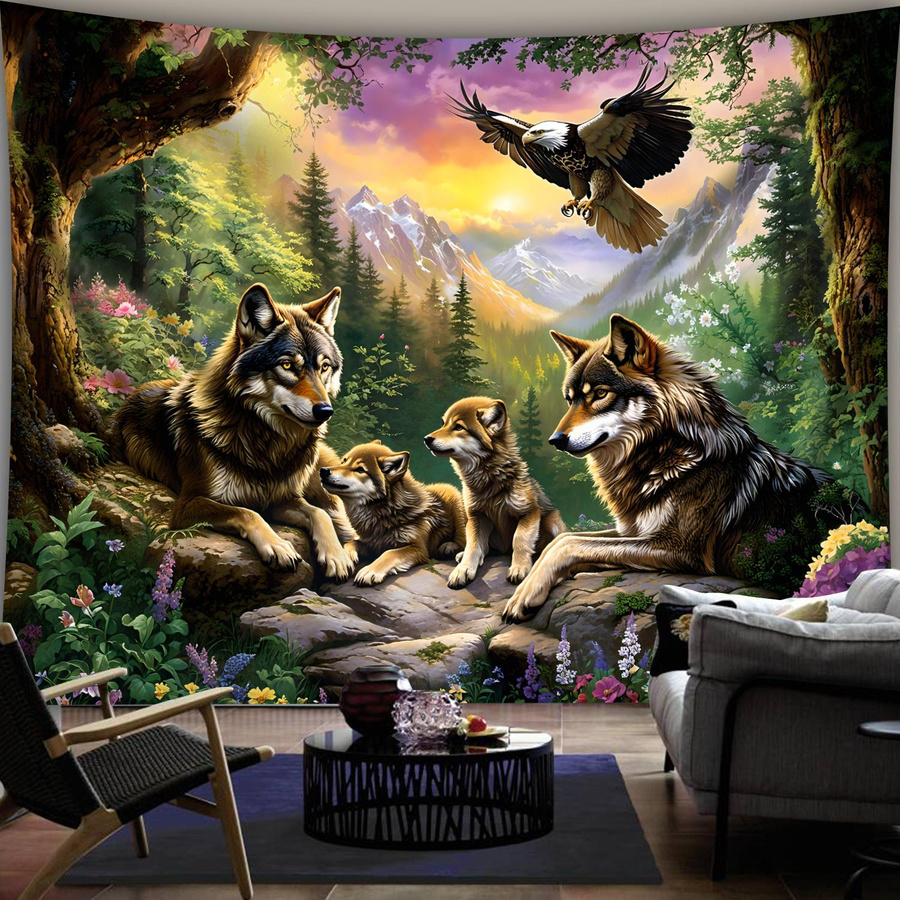 Wandteppich mit Wolfsfamilie und Adler im Bergwald bei Sonnenuntergang von JMG Household Supplies, Mehrfarbig, Breite: 100 cm, Höhe: 70 cm - Bild 4