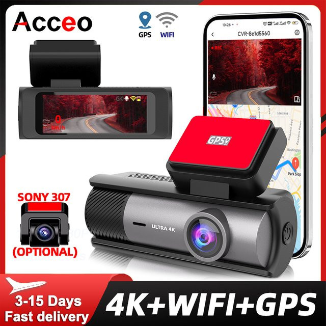 ACCEO 4K Dashcam mit integriertem GPS und WLAN, inklusive 1080P Rückfahrkamera, 24H Parkmodus und Nachtsicht, Farbe: Schwarz - Bild 1