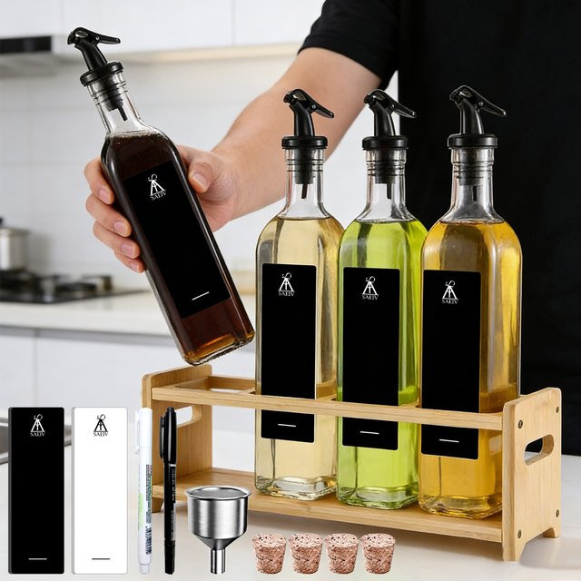 SIAZIH Öl- und Essigspender-Set aus Glas mit Bambus-Aufbewahrungsregal, transparent, auslaufsicher - Bild 1