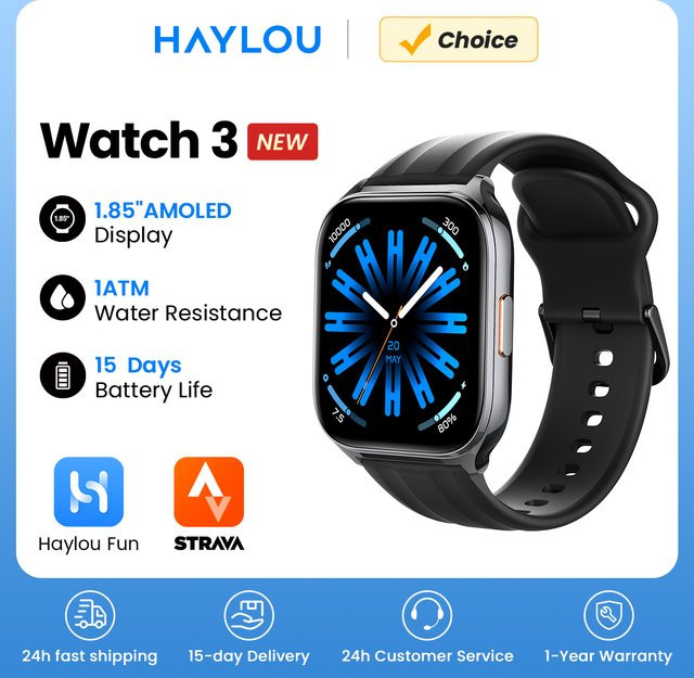 HAYLOU Watch 3 Smartwatch in Schwarz mit 1,85 Zoll AMOLED-Display, Sprachanruffunktion, 1 ATM Wasserdichtigkeit und Silikonarmband - Bild 1