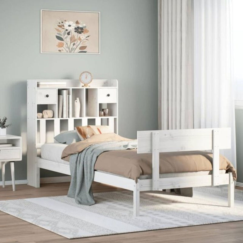 Massivholzbett Vidaxl aus Kiefer mit Regal in Weiß im Landhausstil, B/T/H: 90 x 190 cm - Bild 1