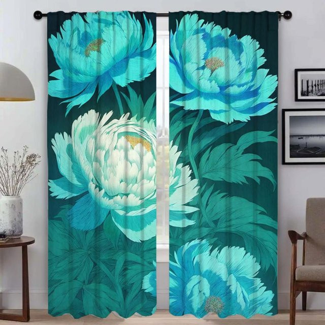 Verdunkelungsvorhang mit Blumenmuster in Blau, 2 Paneele, B: 50 cm, H: 70 cm - Bild 1
