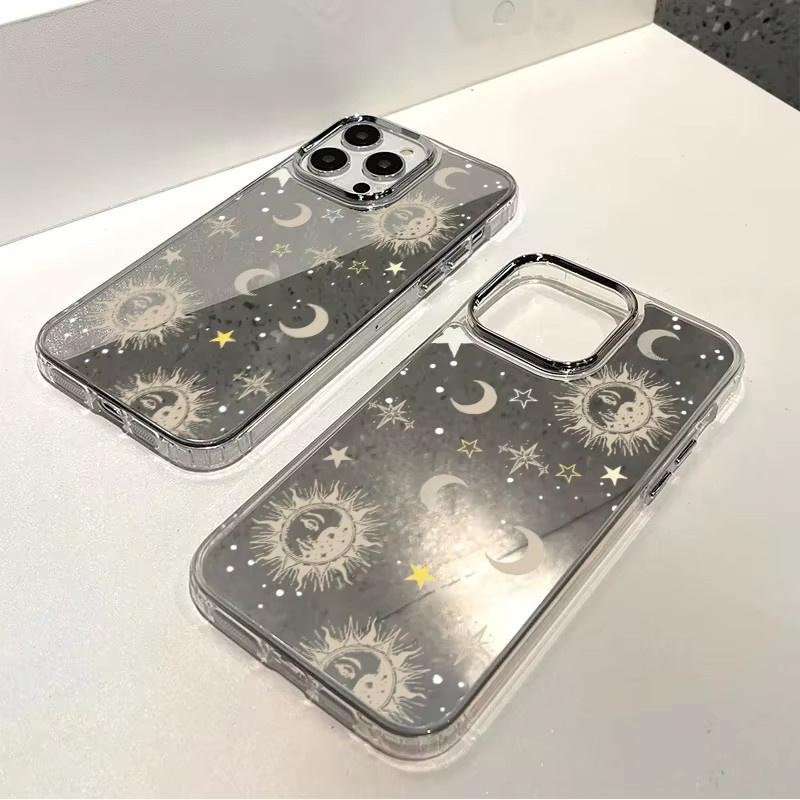 Stoßfeste Handyhülle mit Sonne Mond Stern Design für iPhone 16 17 15 14 13 12 11 Pro Max Plus in Transparent - Bild 4