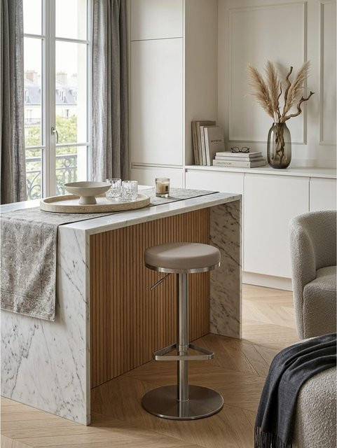 KADIMA DESIGN Barhocker Edelstahl höhenverstellbar und drehbar mit gepolsterter Sitzfläche, Beige, B/T/H: 38 x 38 x 82 cm - Bild 1