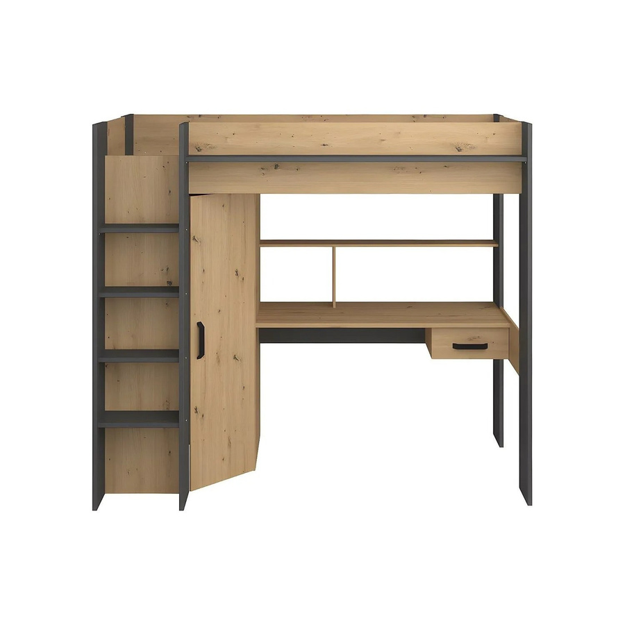 Vente-unique Hochbett Auckland aus Massivholz Eiche in Anthrazitgrau und Naturfarben mit Schreibtisch und Kleiderschrank, B/T/H: 90 x 200 x 204,4 cm - Bild 2