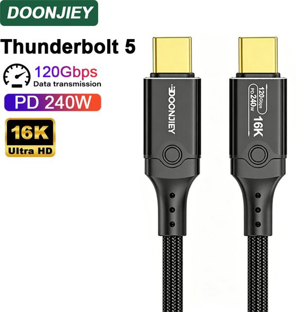 DOONJIEY Thunderbolt 5 USB-C Kabel, 240W Schnellladekabel mit 120 Gbit/s Datensynchronisierung, 16K/8K kompatibel, Schwarz - Bild 1
