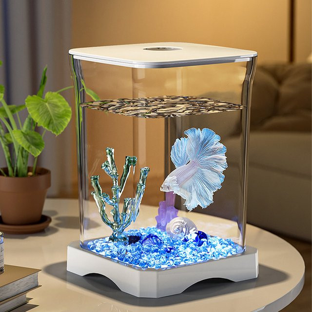 HobbyLane Aquarium Starter Kit Mini Desktop Rechteckiges Aquarium mit Licht und Futterloch für Betta in Schwarz oder Weiß - Bild 1