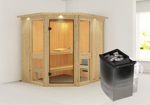 Karibu Sauna Pölva 1 aus Fichtenholz mit 9 kW Saunaofen und integrierter Steuerung für 3 Personen, beige, B/T/H: 210 x 184 x 202 cm - Bild 1