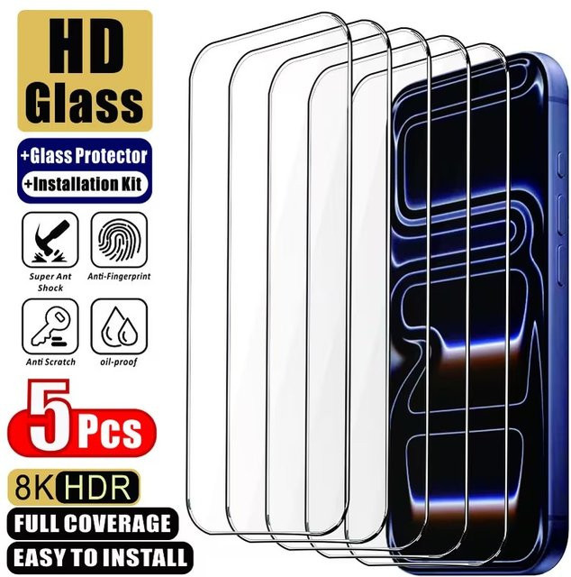 Arvin 5er Pack Displayschutzfolie aus gehärtetem Glas für iPhone 17 16 15 14 13 12 11 Pro Max Plus XR X XS in Transparent - Bild 1