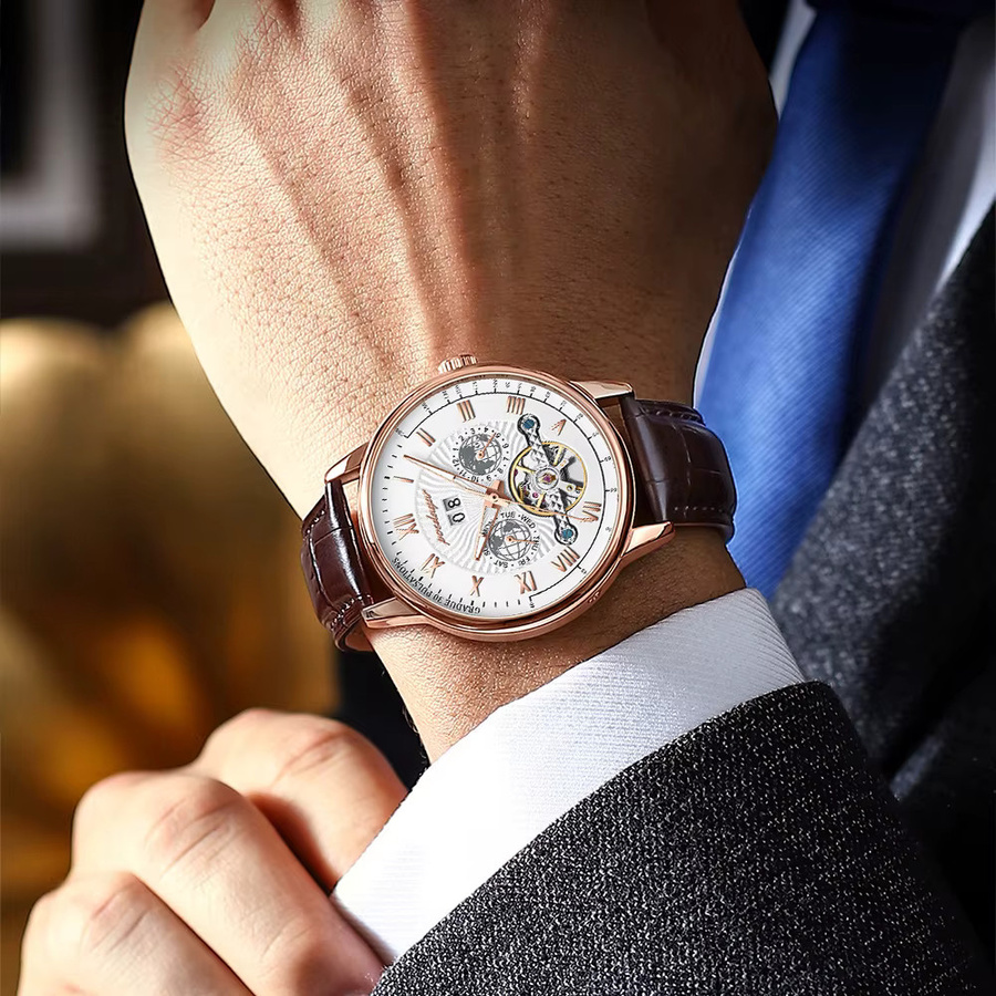 POEDAGAR Armbanduhr, Automatik, Leder, Roségold, Herren - Bild 6