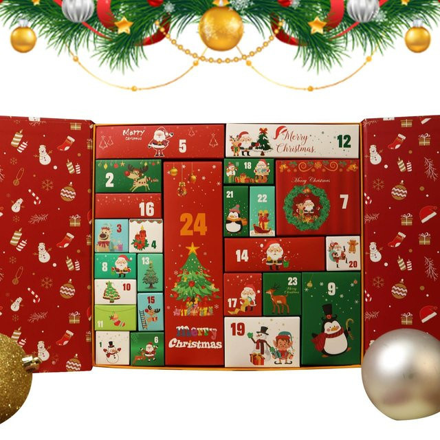 Roter Adventskalender aus Karton zum Selberbefüllen, 24 Tage Weihnachts-Countdown-Kalenderbox zum Falten und Gestalten - Bild 1