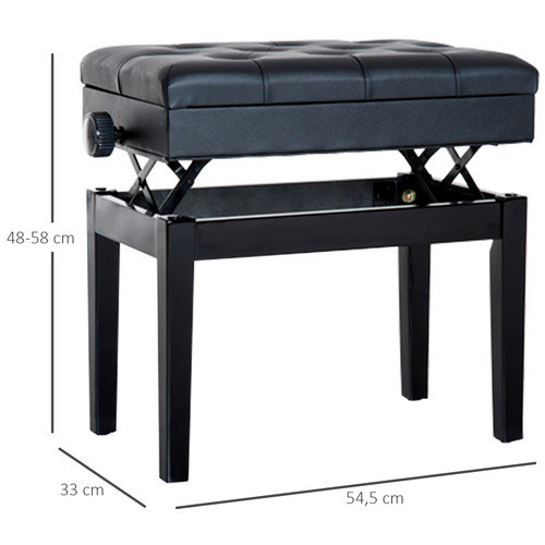 HOMCOM Klavierbank mit Stauraum und Höhenverstellung aus Gummibaumholz in Schwarz, B: 54,5 cm, T: 33 cm, H: 48-58 cm - Bild 5
