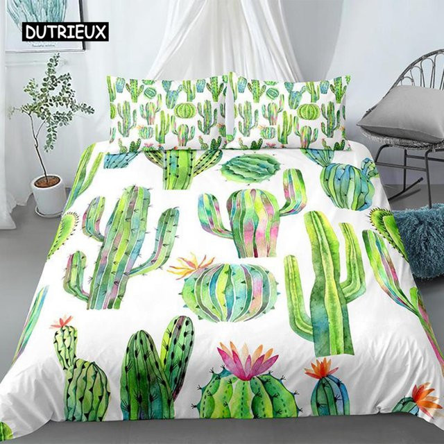 Bettwäsche Set Kaktus Motiv mit Kissenbezug aus Mikrofaser, Mehrfarbig, B/H: 135 x 200 cm - Bild 1