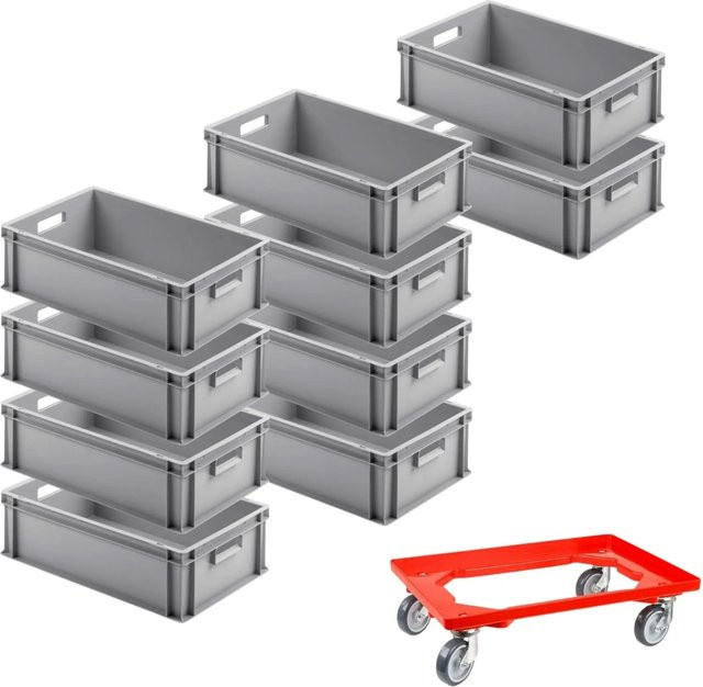 PROREGAL SparSet mit 10 Eurobehältern mit offenem Griff und 1 Transportroller, Rot und Grau, H x B x T: 17,5 x 40 x 60 cm - Bild 1