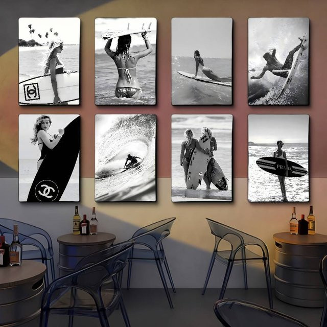 Wasserfester Wandaufkleber mit Schwarz-Weiß Surfbrett-Motiv im maritimen Stil für Bar und Kaffeehaus - Bild 1