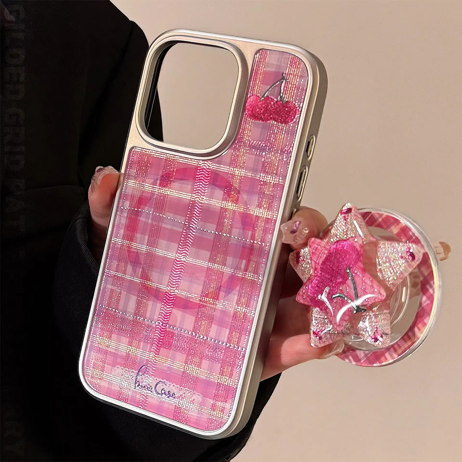 MUQGEW Magnetische iPhone Schutzhülle mit Kirschblüten und Gittermuster in Pink für iPhone 17 16 15 14 13 12 Pro Max stoßfest - Bild 3