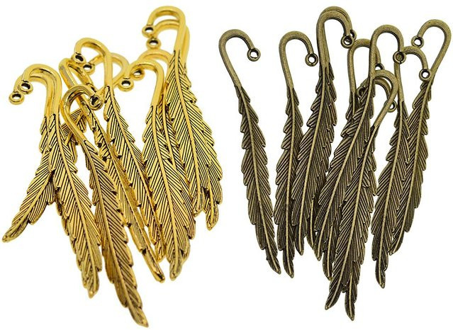 10-teiliges Lesezeichen-Set von Phenovo mit Metallfeder-Anhänger, Perlen und seidigen Quasten in Gold und Bronze - Bild 1