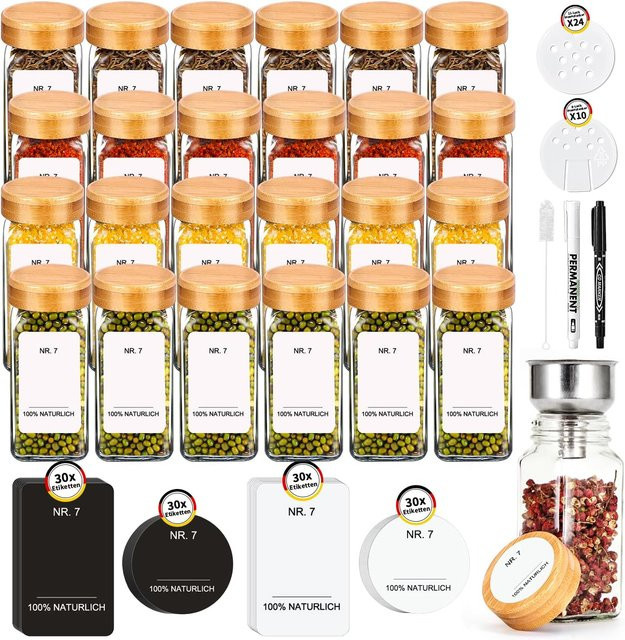 SIAZIH Gewürzglas-Set aus Glas mit Bambusdeckel, 12 Stück, transparent, 120 ml - Bild 1