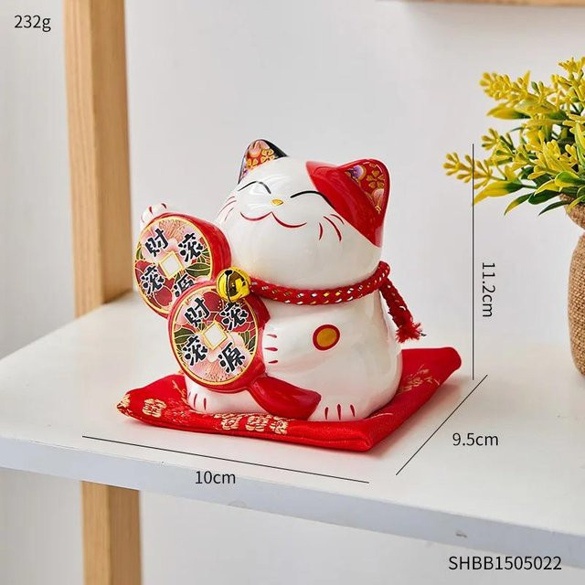 Künstlerische Spardose aus Porzellan in Form einer Glückskatze, Keramik-Dekoornament in Weiß und Beige - Bild 1