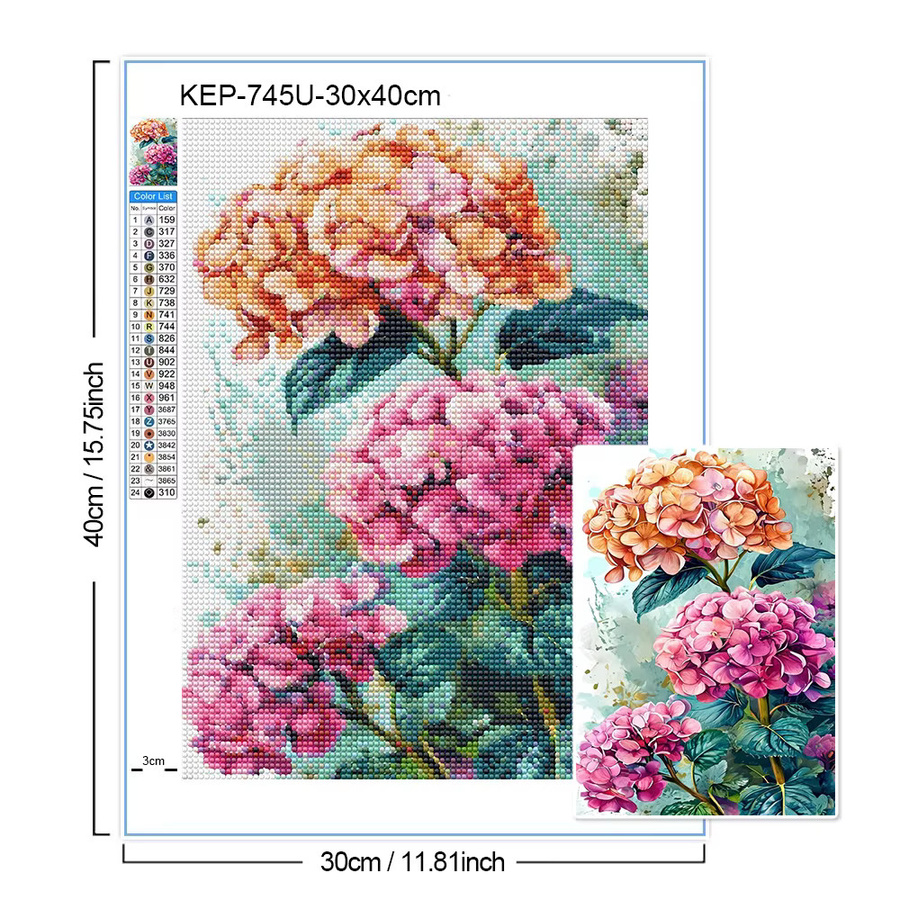 QIZITENG Diamond Painting Set Hortensie Blumenstrauß Mosaik DIY Kreuzstich Kit Multicolour B/H: 30 x 20 cm - Bild 2
