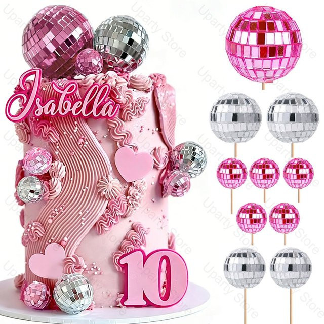 MicroPlush 10er Set Disco-Kugeln zur Kuchendekoration in Rosa, Gold, Silber und Multicolour, Durchmesser: 2-5 cm - Bild 1