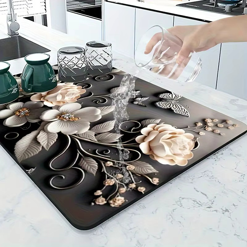 VIKAMA Abtropfmatte mit 3D Rosen-Relief-Druck, saugfähige und rutschfeste Matte für die Küchenarbeitsplatte oder Kaffeebar - Bild 2